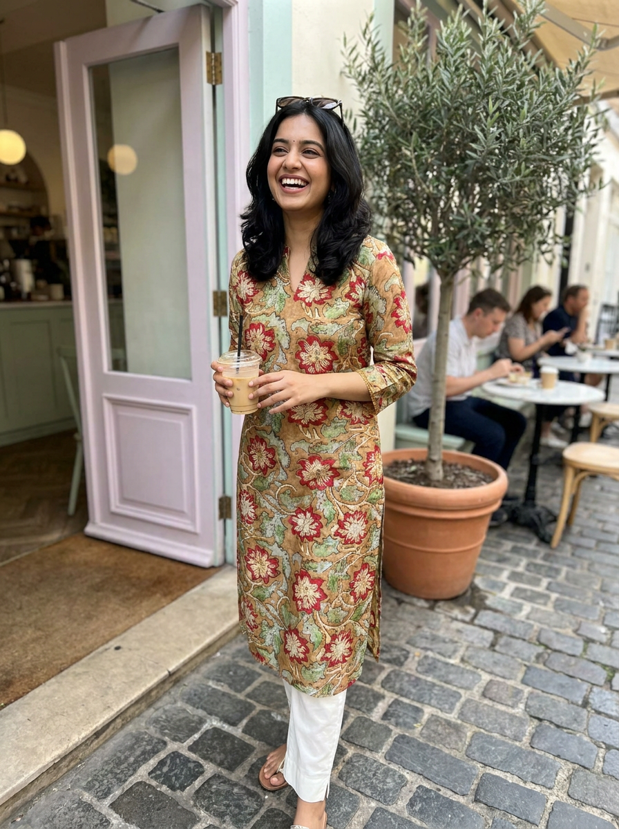 Earth Boota & Floral Jaal Pen-Kalamkari Style Kurti- 16385