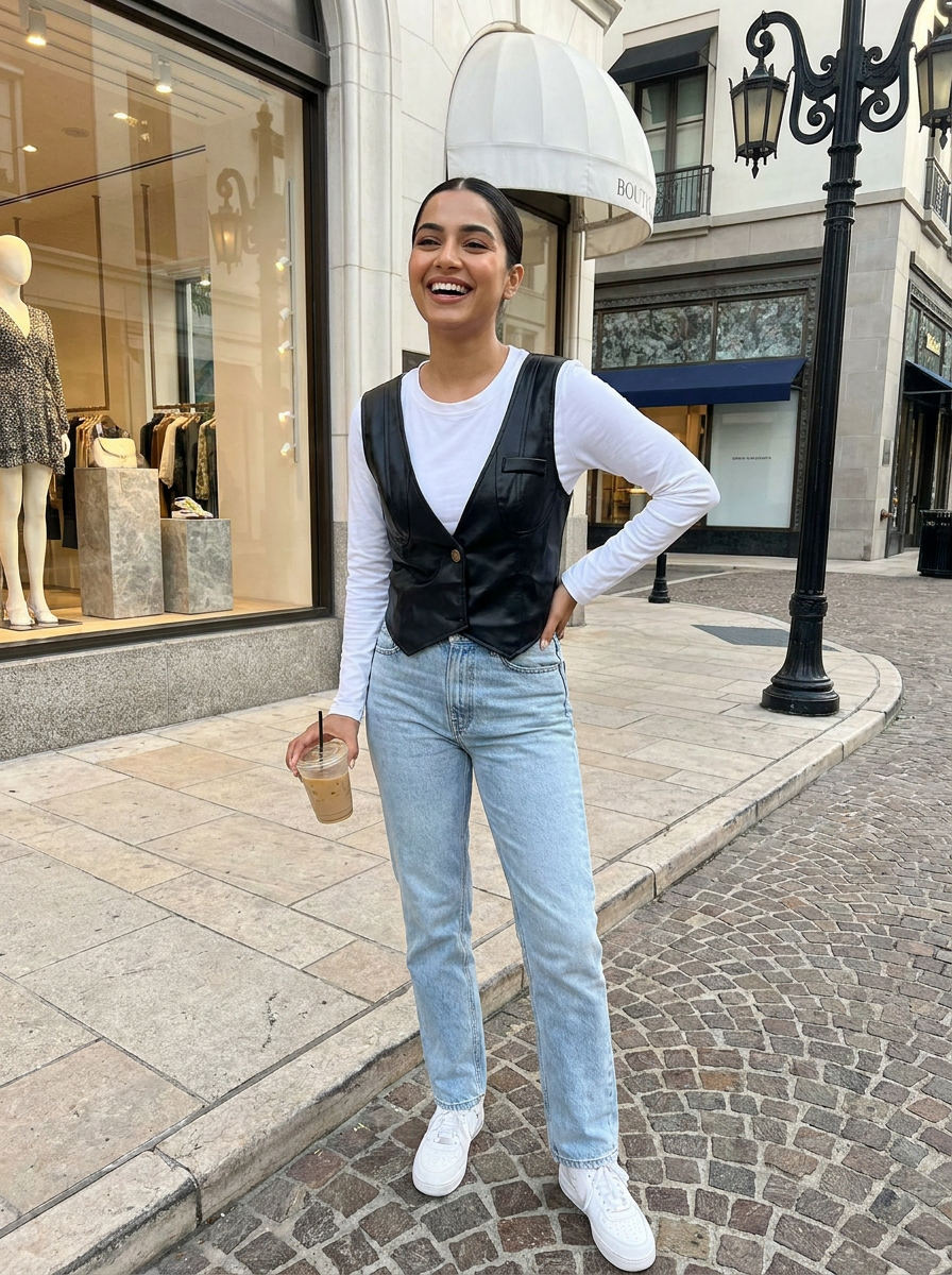 Crew Neck Fitted Long Sleeve Tee with Faux Leather Button-Down Vest Overlay- 16195