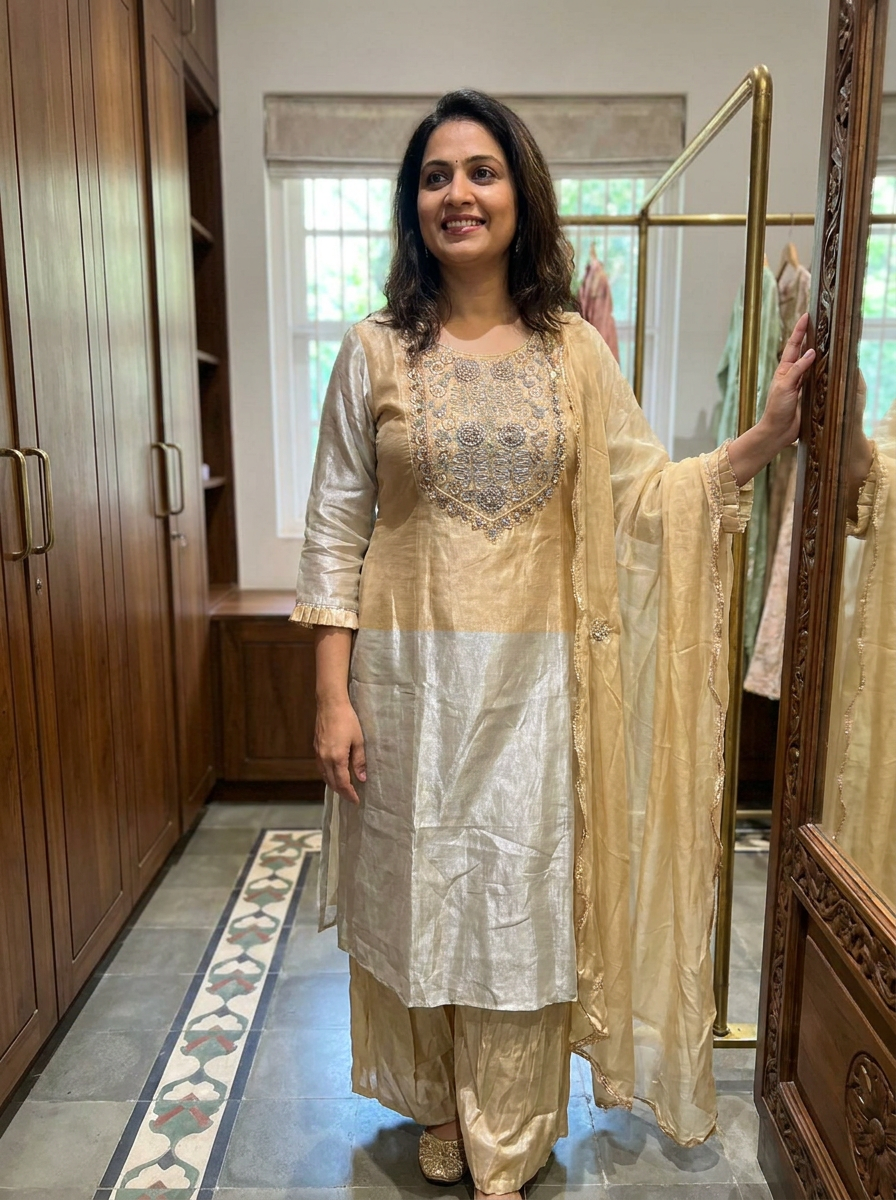 Premium Tissue Dabka Embroidered Yoke Metallic Dual Tone A-Line Full Suit Set With Dupatta- 10700