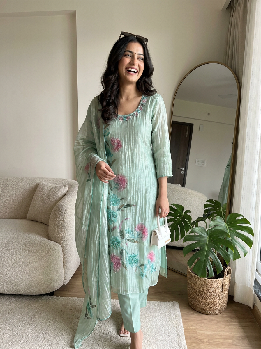 Elegant Floral Print With Beads Boota Motifs Crush Tissue A-Line Full Suit Set With Dupatta-