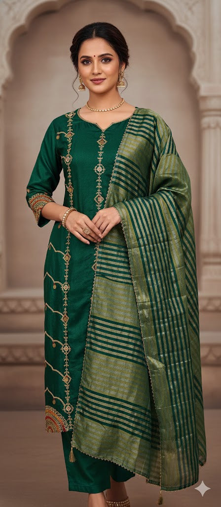 Royal Look Grand Handwork Silk Full Suit Set With Tissue Striped Dupatta- 13447