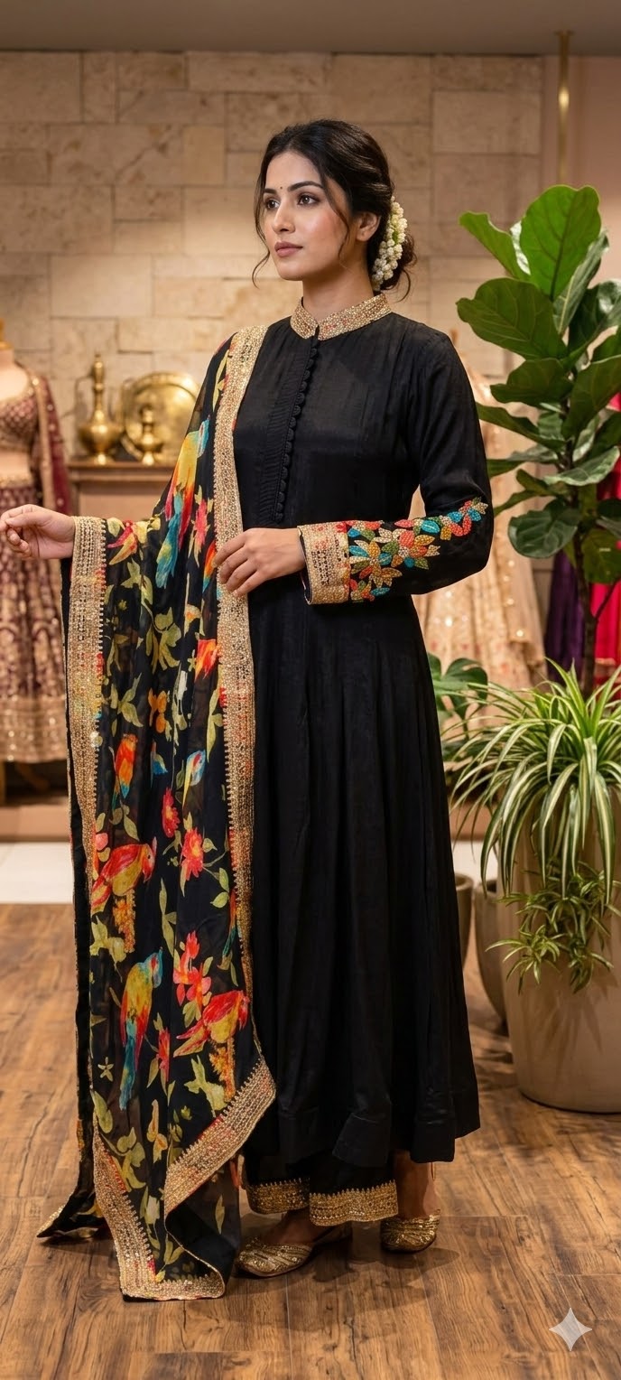 Premium Chinon Panel Anarkali Full Suit Set With Multicolor Floral Embroidery Work In Sleeve & Printed Dupatta- 13751