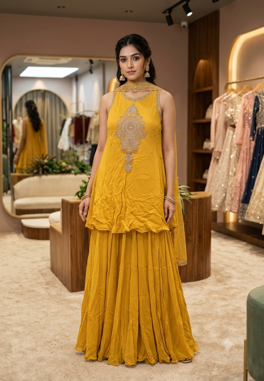 Fine Metallic Thread Embroidery Central Medallion Motif Sleeveless Chinon Indo-Wear Kurta With Matching Flared Bottom & Chowker Dupatta- 16635