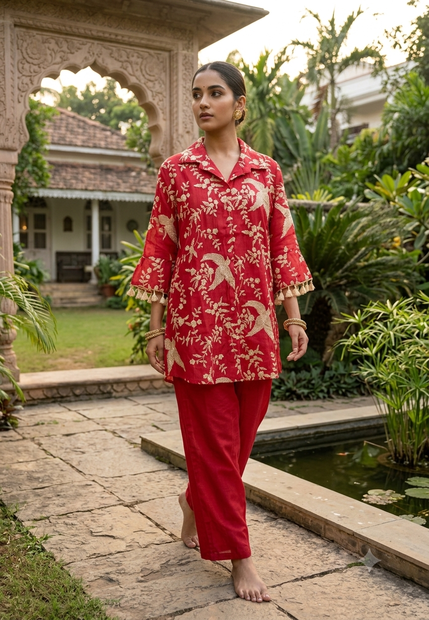 Birds With Leaf Vine Embroidered Motifs Thread Dangles Accent Mul-Chanderi Co-Ord Sets- 16630