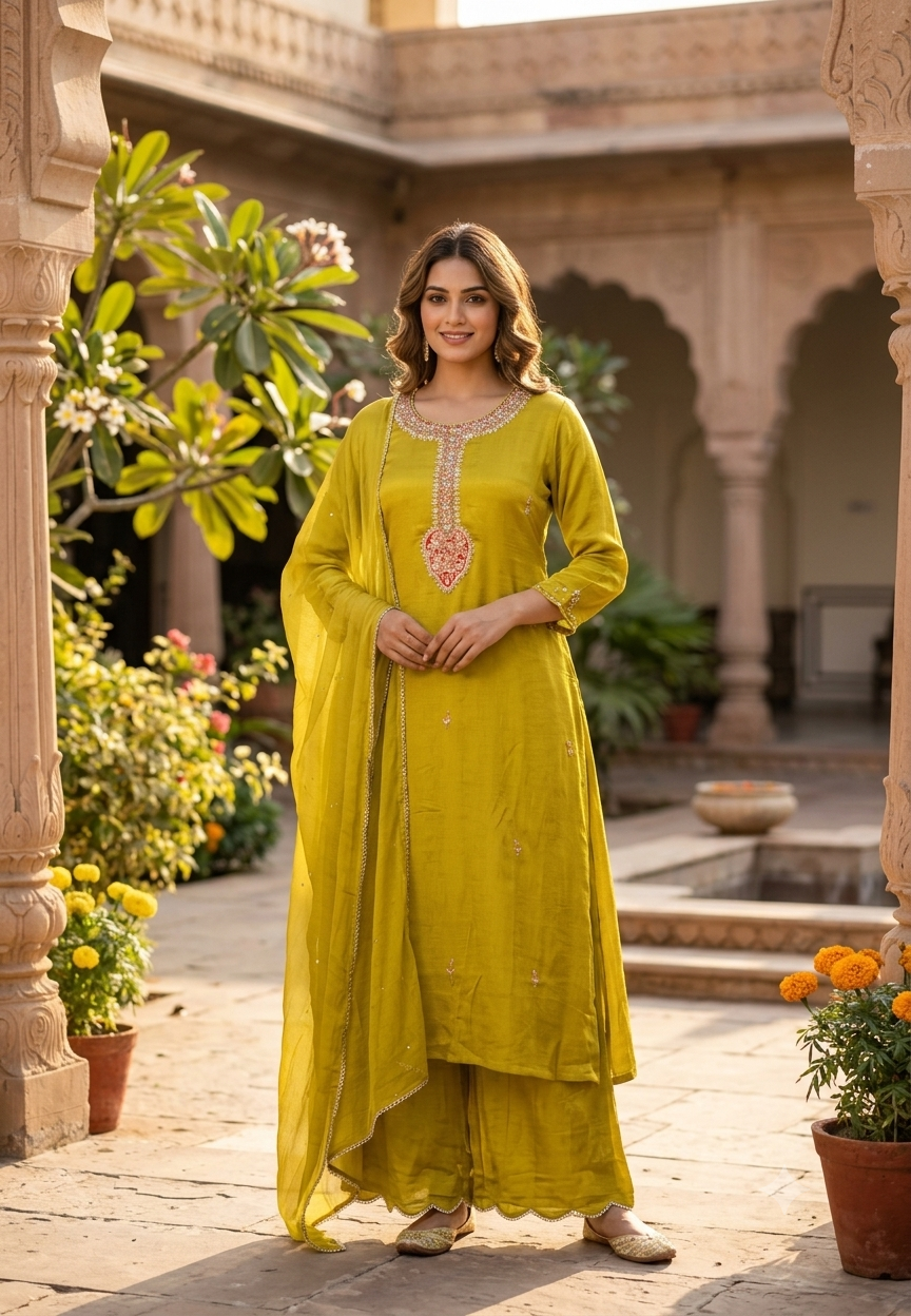Candleian Intricate Neck Embroidery With Beaded Sleeve Chinon A-Line Matching Full Suit Set With Dupatta- 16528