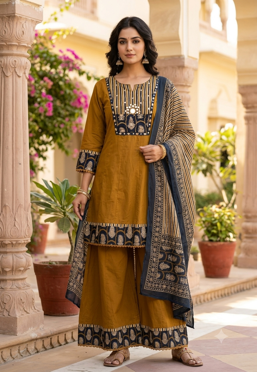 Kalamkari Print Minimal Mirror Touch Yoke Short Length Panel Cotton Full Suit Set With Dupatta & Loose Palazzo Bottom- 16481