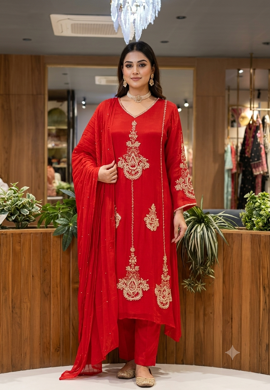 Red Chinon Kalidar A-Line Full Suit Set Featuring Vertical Embroidered Panels & Paisley Motif Work- 16569