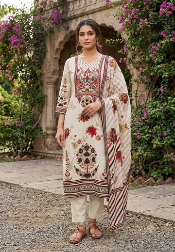 Royal Embroidery With Digital Printed Russian Silk Full Suit Set With Dupatta- 16089
