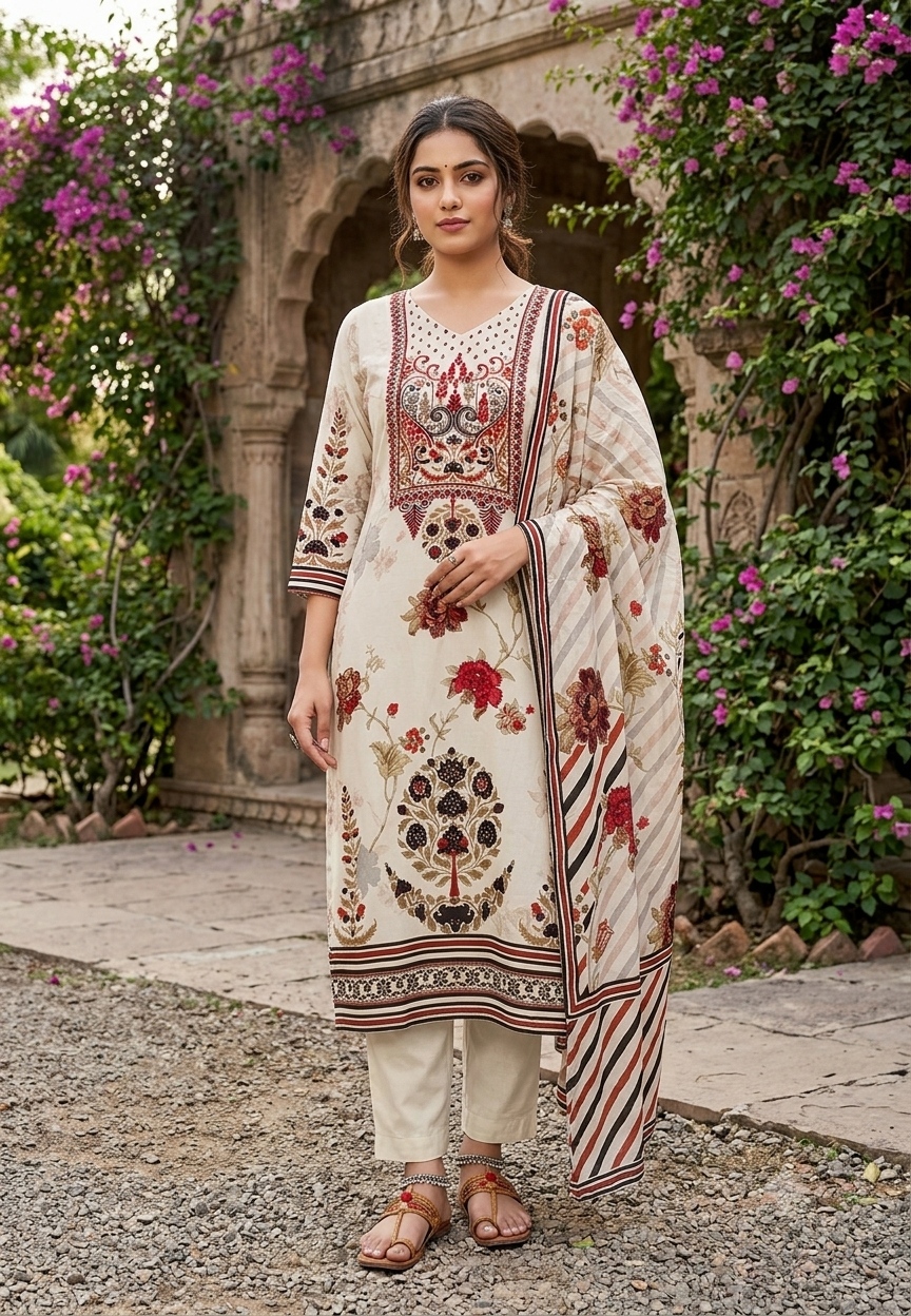 Royal Embroidery With Digital Printed Russian Silk Full Suit Set With Dupatta- 16089