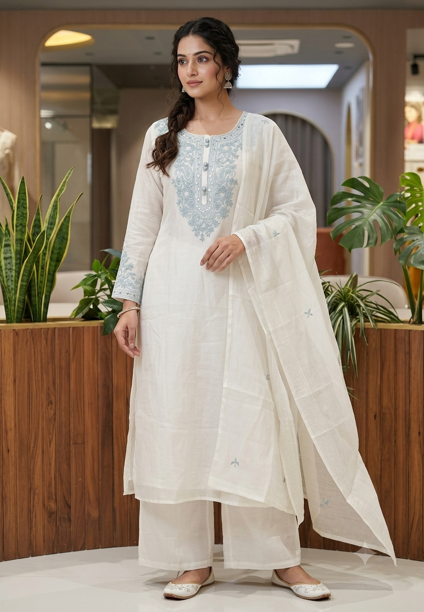 Fine Floral Chikankari Look Embroidery Mul-Chanderi Full Suit Set With Dupatta- 16125