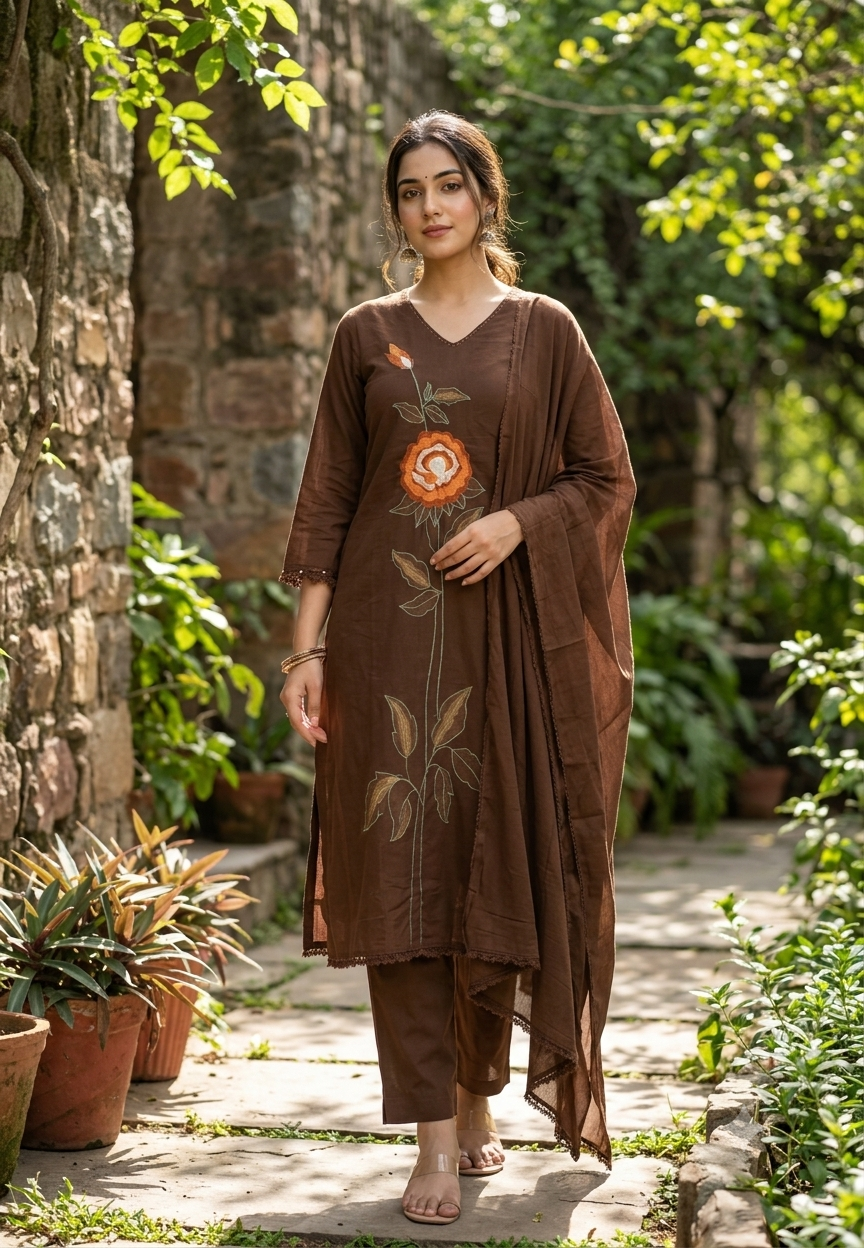 Bright Tone Rosy Vine Embroidered Minimal Lace Accent Cotton Full Suit Set With Dupatta- 16521