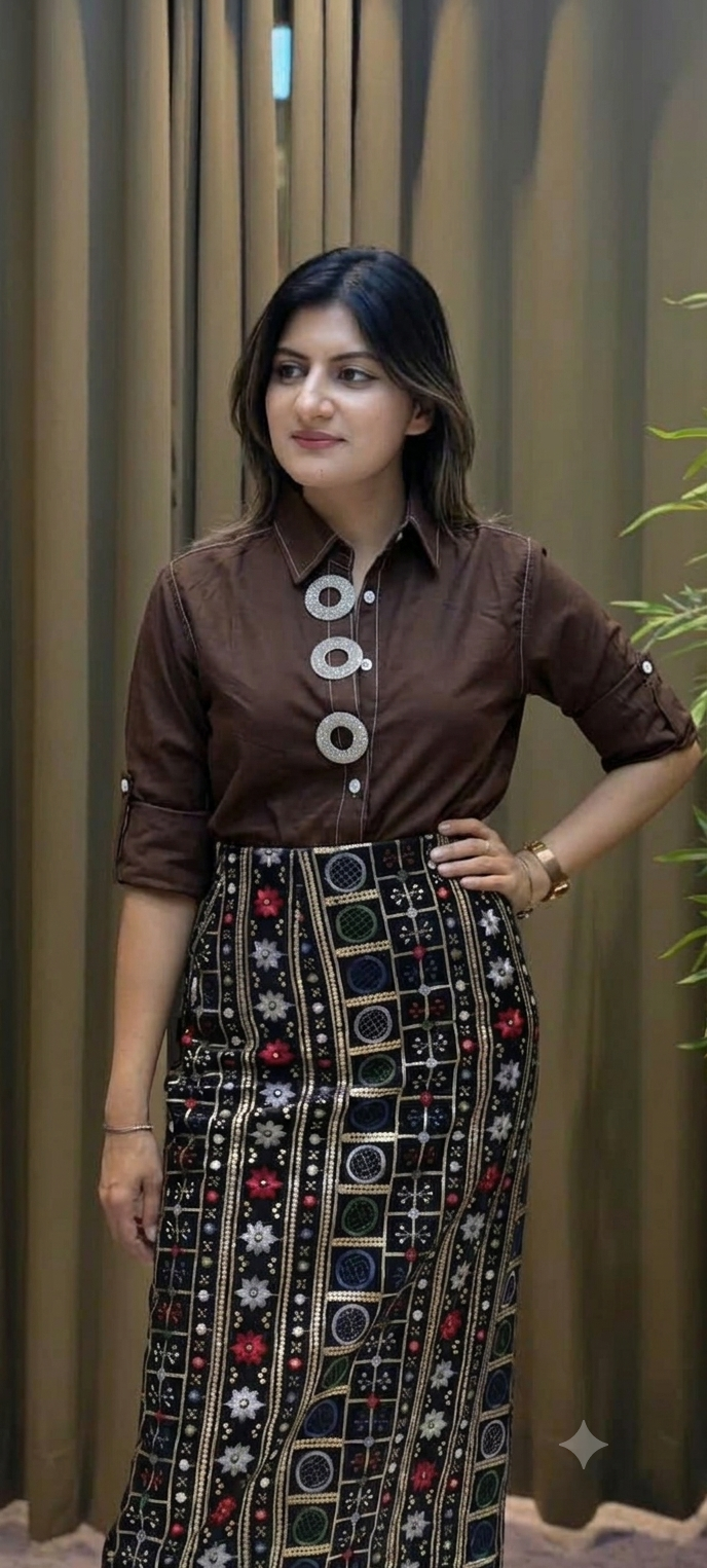 Collared Long Sleeve Button-Up Shirt with Embellished Ring Button Placket- 16182