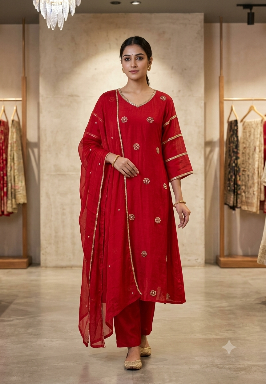 Crimson Red A-Line Full Suit Set with Floral Booti Sequins Work & Embroidered V-Neckline- 16587