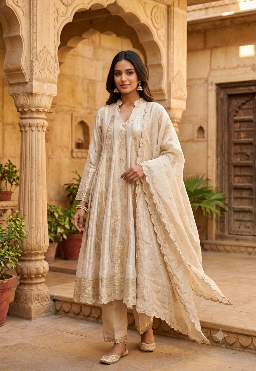 Ivory & Gold Tissue Silk Kalidar Premium Tissue Anarkali Full Suit Set with Heavily Marodi Embellished Dupatta- 16628