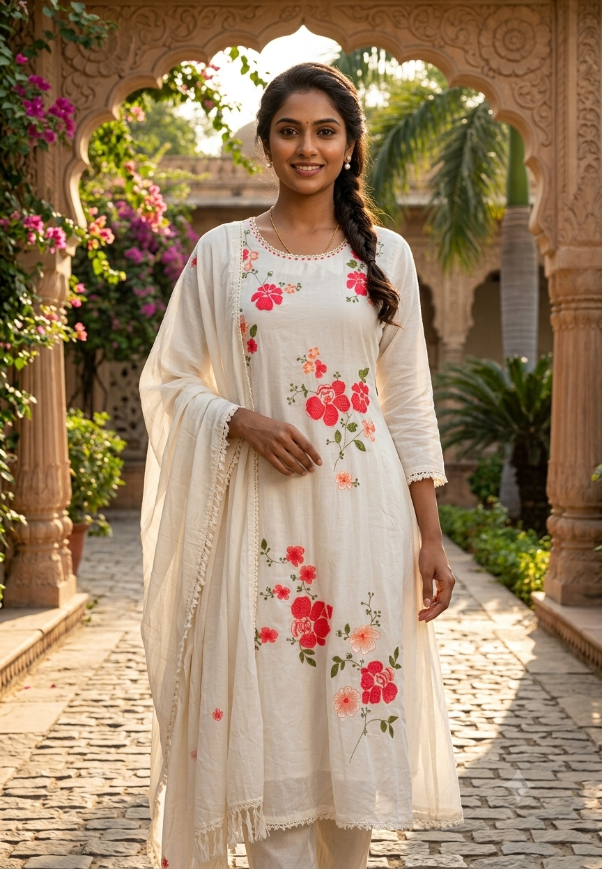 Pure Cotton Intricate Floral Embroidery Solid Shade A-Line Full Suit Set With Dupatta- 16519