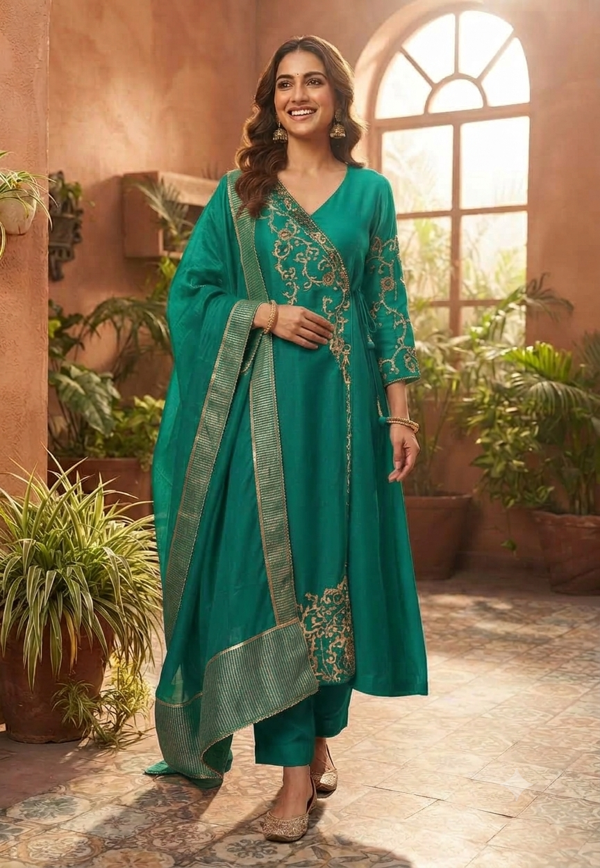 Fuschia Pink Sequin Embellished Intricate Embroidered Designer Angrakha Russian Silk A-Line Full Suit Set With Dupatta- 15814