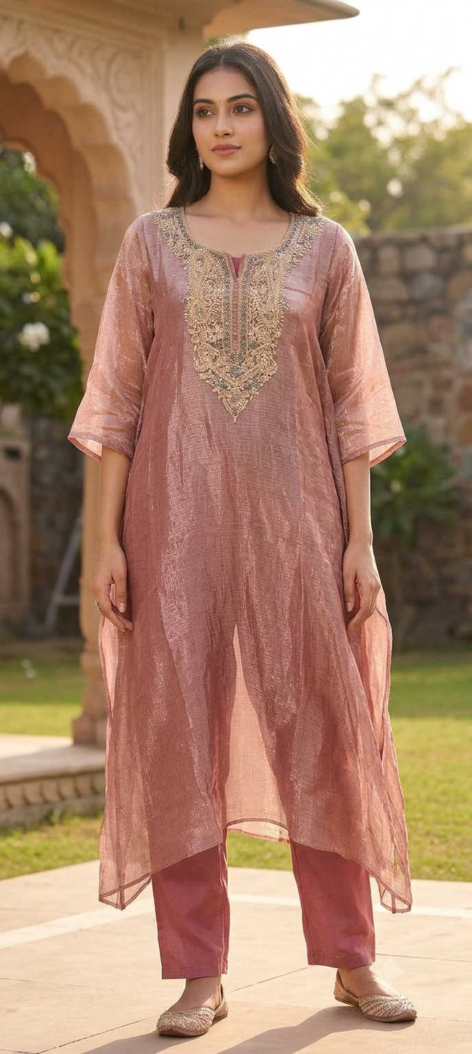 Delicate Floral Teardrop Intricate Hand Embroidery Pure Tissue Checks Touch Kaftan With Matching Bottom- 16634