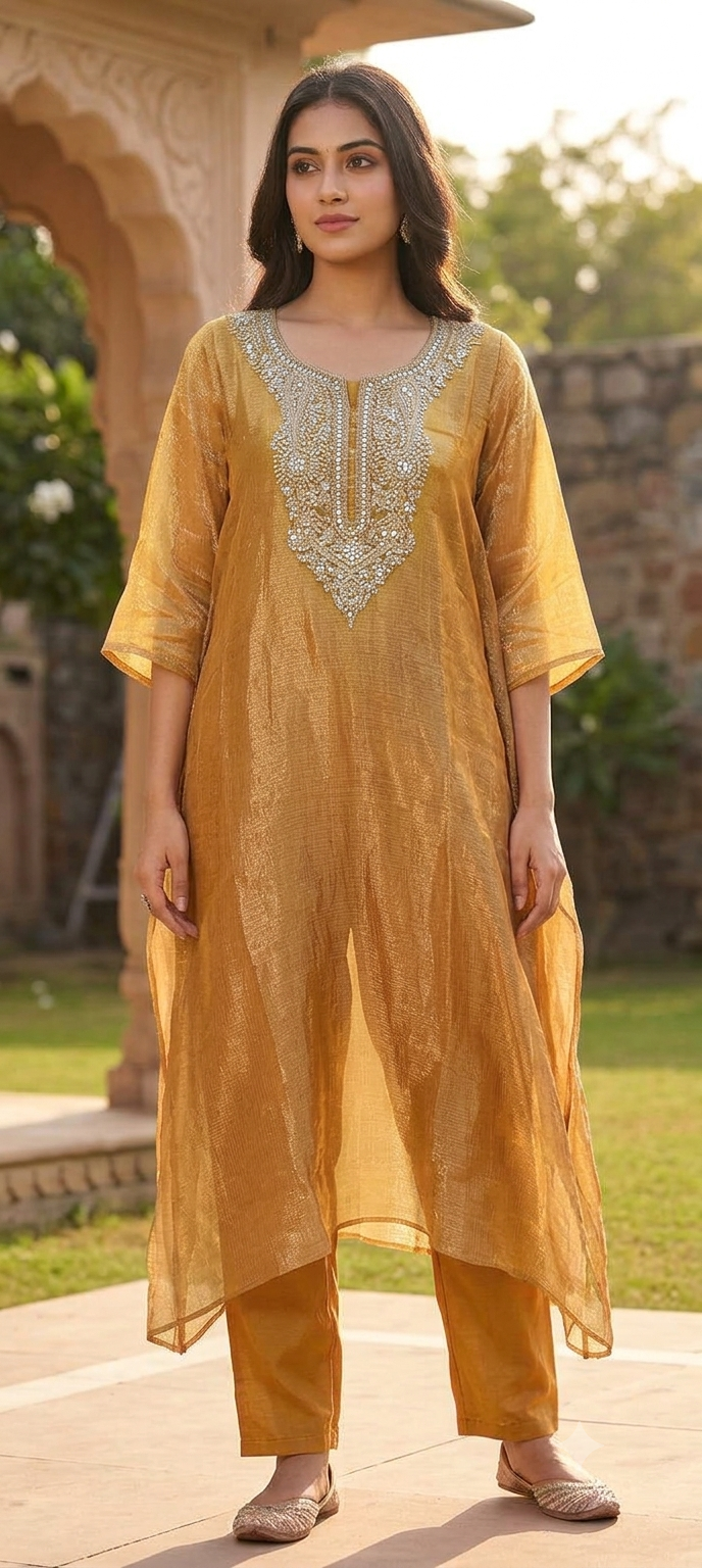 Delicate Floral Teardrop Intricate Hand Embroidery Pure Tissue Checks Touch Kaftan With Matching Bottom- 16634