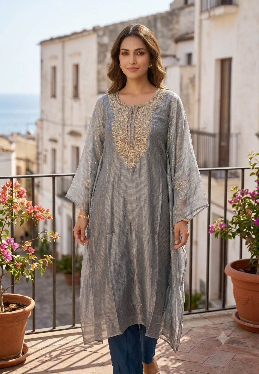 Delicate Floral Teardrop Intricate Hand Embroidery Pure Tissue Checks Touch Kaftan With Matching Bottom- 16634