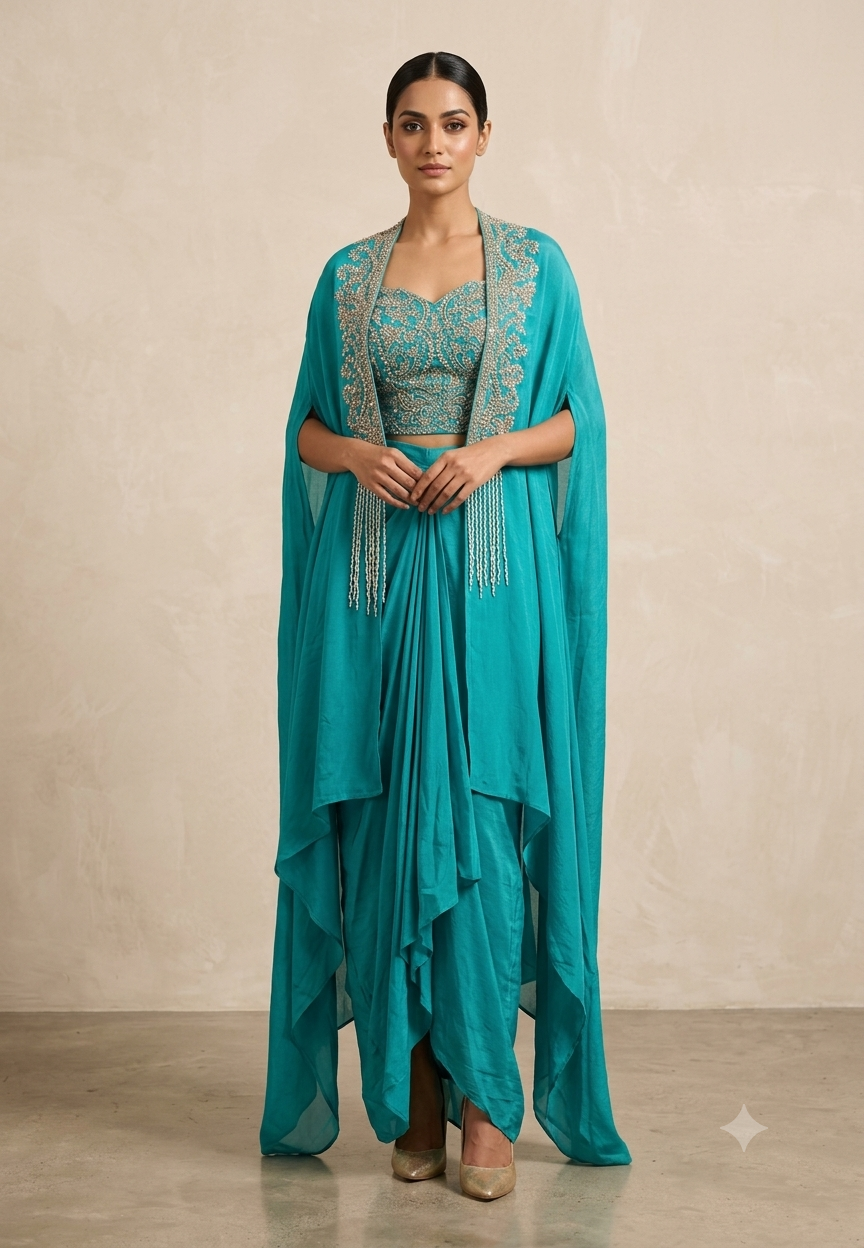 Hand Embellished Bustier With Chinon Drape Skirt Set & Matching Flowy Cape Featuring Intricate Tassels Detailing- 16633