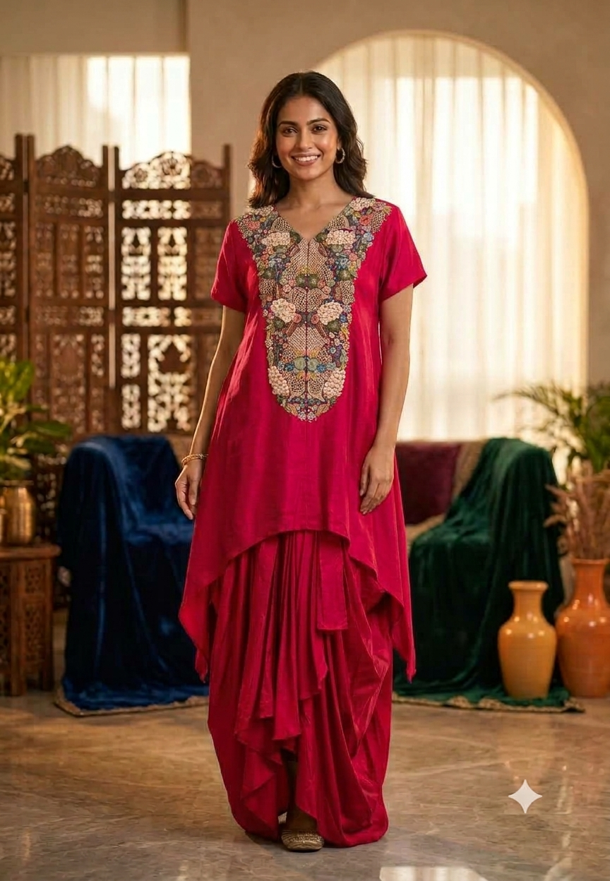 Popped 3D Multicolor Floral Embroidery Designer Look Indo-Wear High-Low Kurta With Dhoti Botttom- 16417