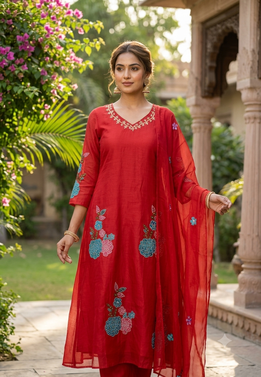 Colorful Floral Appliques Highlight Embroidered A-Line Mul-Chanderi Full Suit Set With Dupatta- 15945