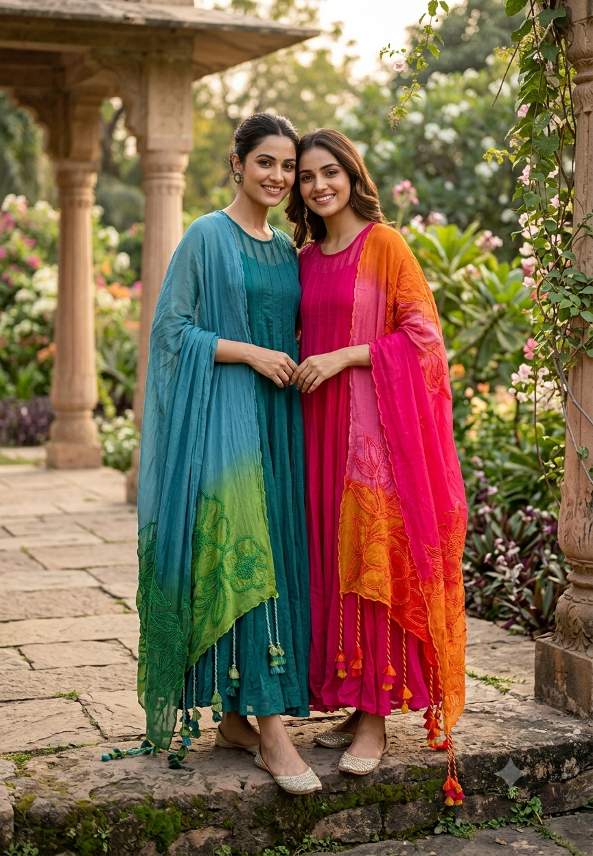 Pure Chanderi Vibrant Tone Ombre Shades Dangle Accent Matching Floral Patch Bustier With Outer Panel Gown Bottom & Dupatta - 16419