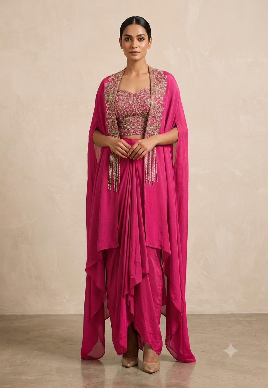 Hand Embellished Bustier With Chinon Drape Skirt Set & Matching Flowy Cape Featuring Intricate Tassels Detailing- 16633