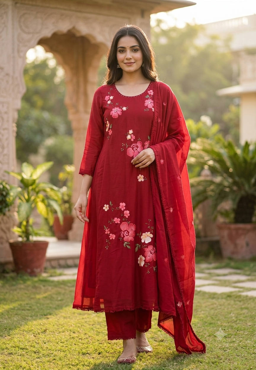 Pure Cotton Intricate Floral Embroidery Solid Shade A-Line Full Suit Set With Dupatta- 16519
