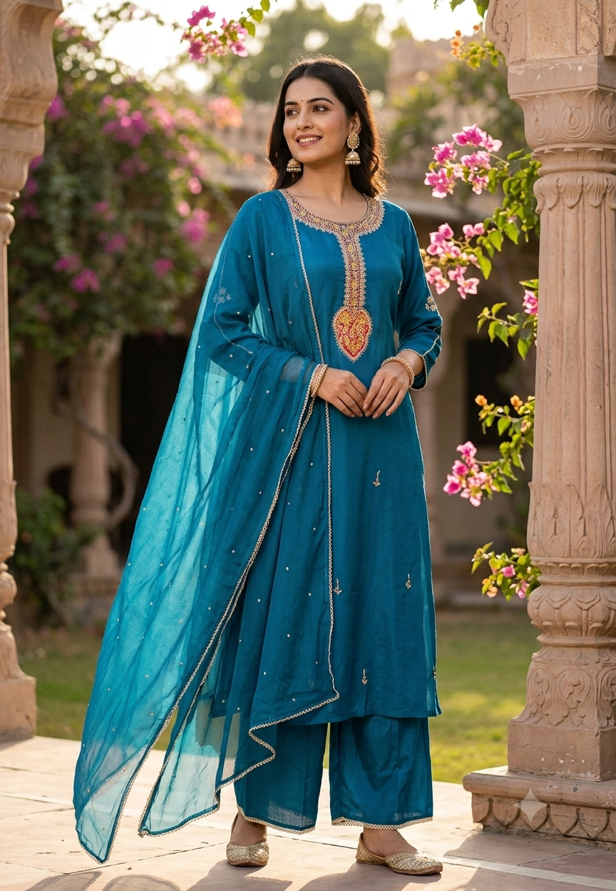 Candleian Intricate Neck Embroidery With Beaded Sleeve Chinon A-Line Matching Full Suit Set With Dupatta- 16528
