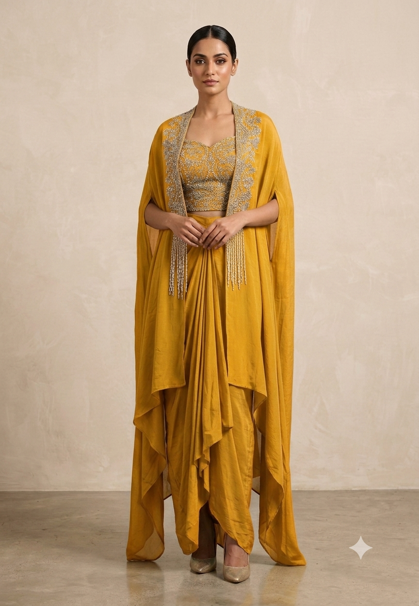 Hand Embellished Bustier With Chinon Drape Skirt Set & Matching Flowy Cape Featuring Intricate Tassels Detailing- 16633