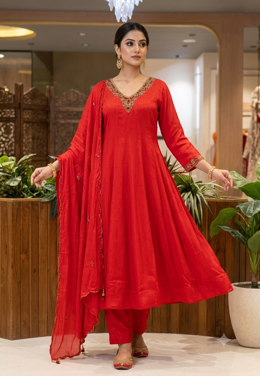Classic Red Chinon Panel Anarkali Full Suit Set with Zari & Stone Embroidered V-Neckline- 16445