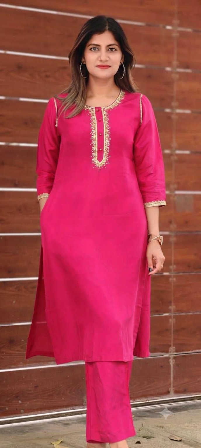 Royal Pink Gotta Patti Golden Sequin Embroidery Outlined Modal Satin Kurta Pant Set- 15987