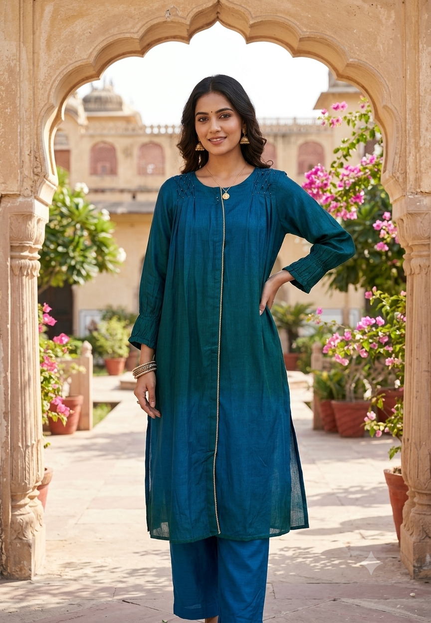 Dark Ombre Shade Pin Tucks Work Over Shoulder Kurta Pant Set- 16136