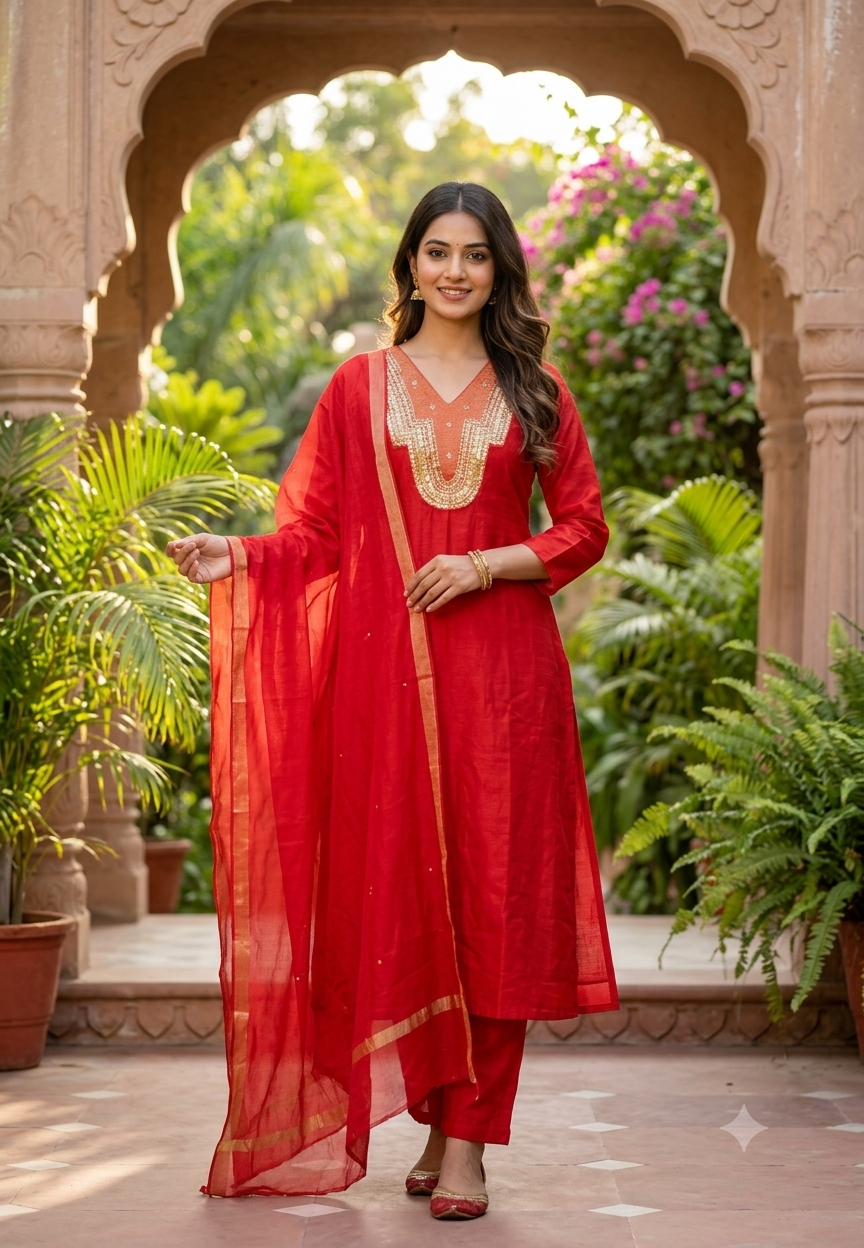 Heavy Sequin Tissue Patch Placement Embroidery Yoke Mul-Chanderi A-Line Full Suit Set With Dupatta-