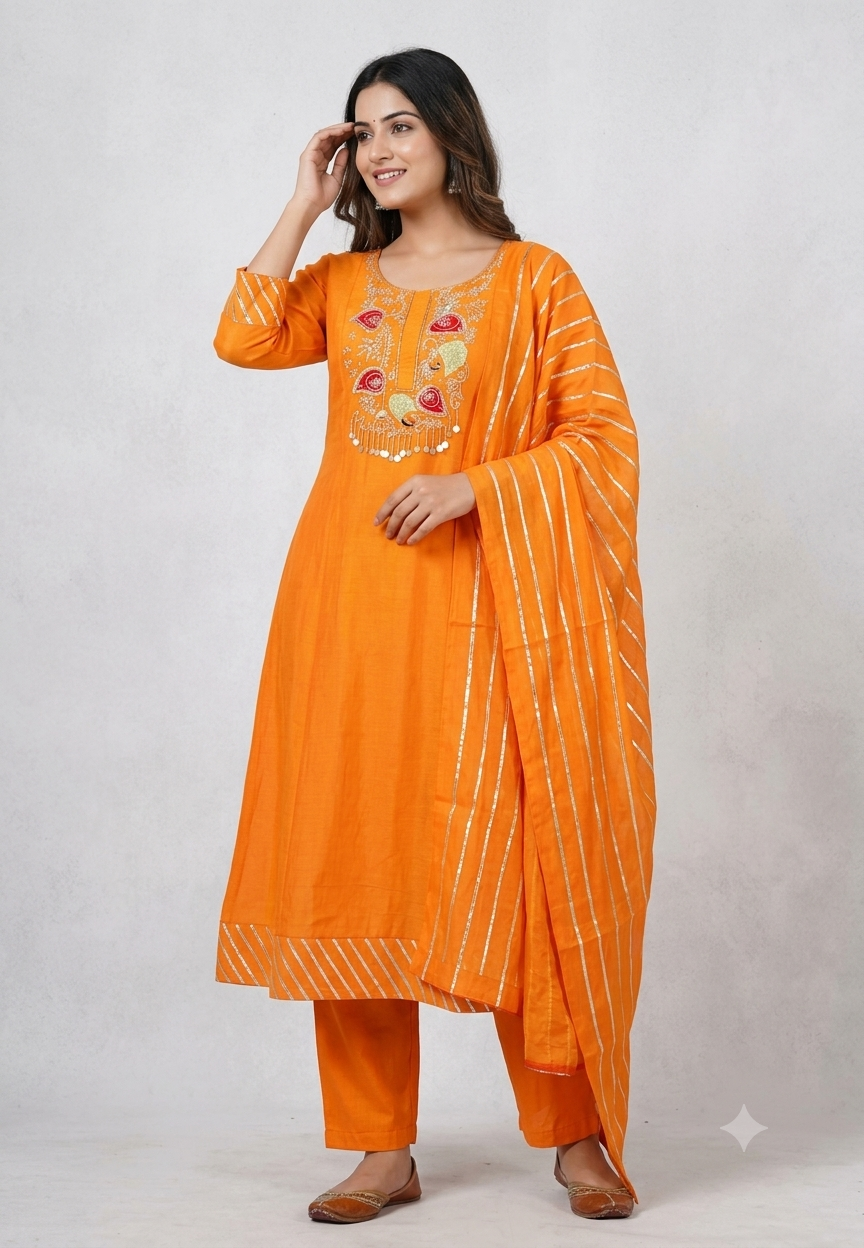 Leaf Embroidered Yoke With Sequin Highlights & Tassels A-Line Mul-Chanderi Full Suit Set With Dupatta- 16433