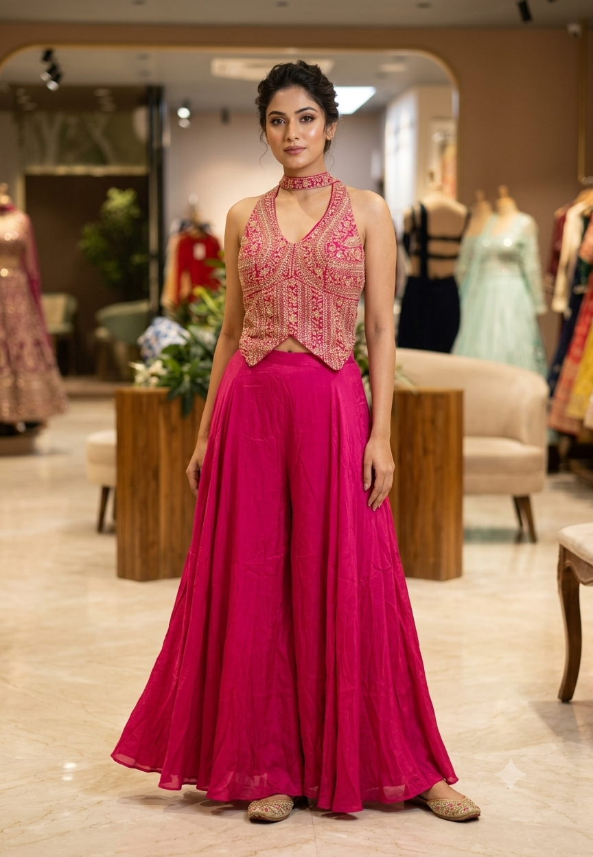Sequin & Cut-Dana Handwork Encrusted Halter Neck Crop Top with Flowy Chinon Flared Palazzo Bottom & Chowker Dupatta- 16622