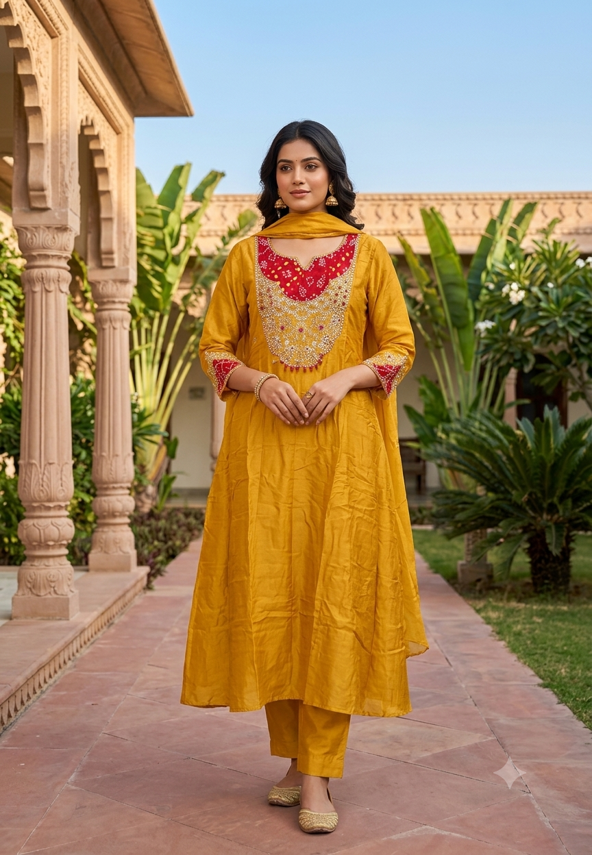 Russian Silk Bandhej Patch With Heavy Embroidery Work Panel Anarkali Full Suit Set With Dupatta-16566