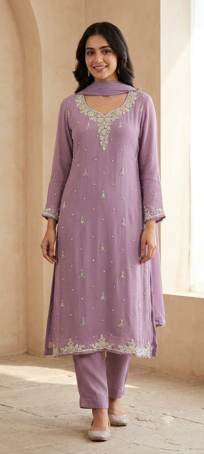 Cut-Dana Embellished Handcrafted Elegant Chinon A-Line Full Suit Set With Dupatta- 16524