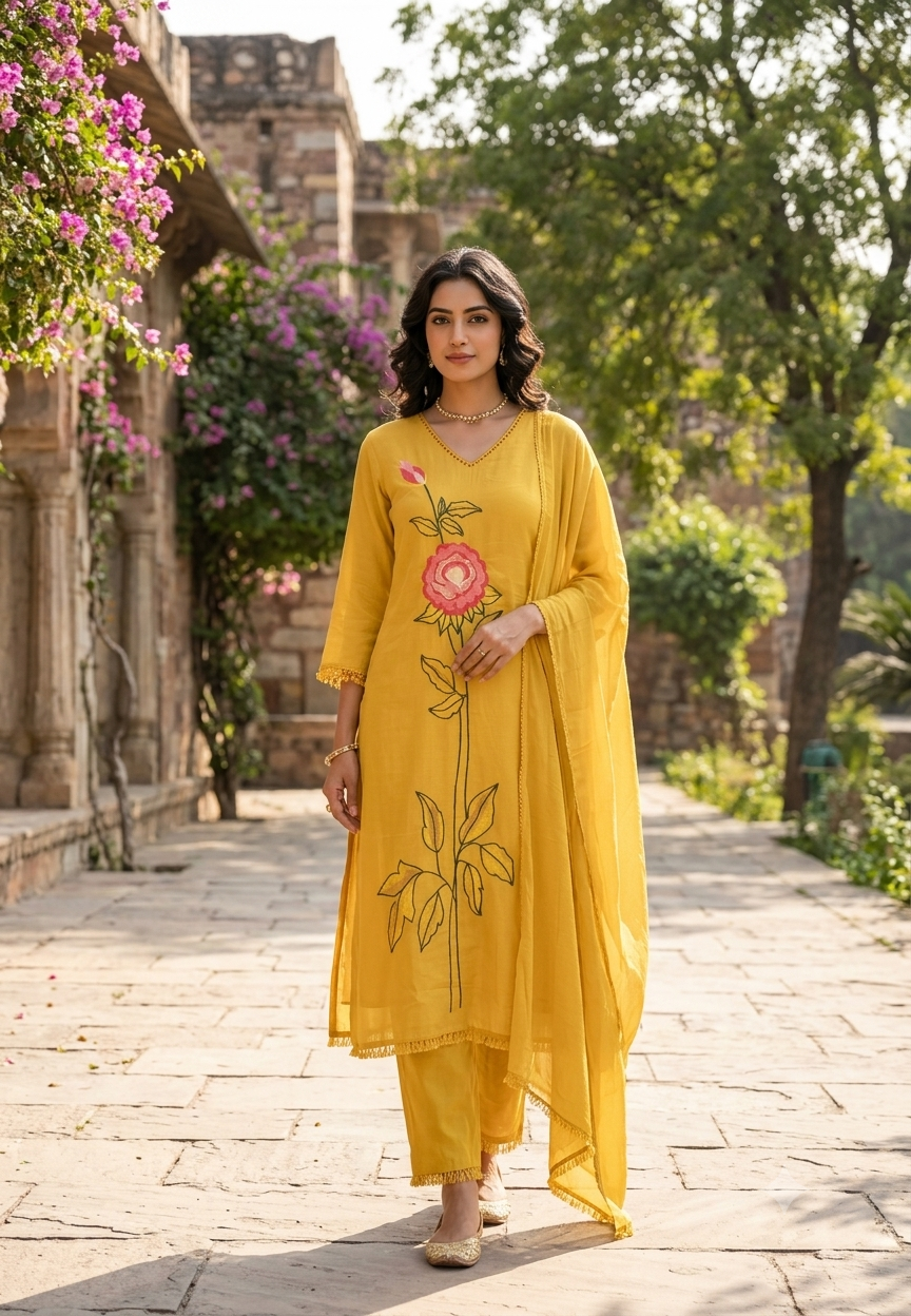 Bright Tone Rosy Vine Embroidered Minimal Lace Accent Cotton Full Suit Set With Dupatta- 16521