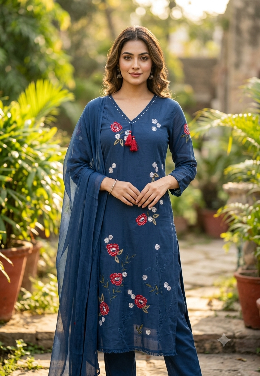 Floral Embroidery Side Slitted V-Neck Full Suit Set with Tassel Detailing & Matching Dupatta- 16522