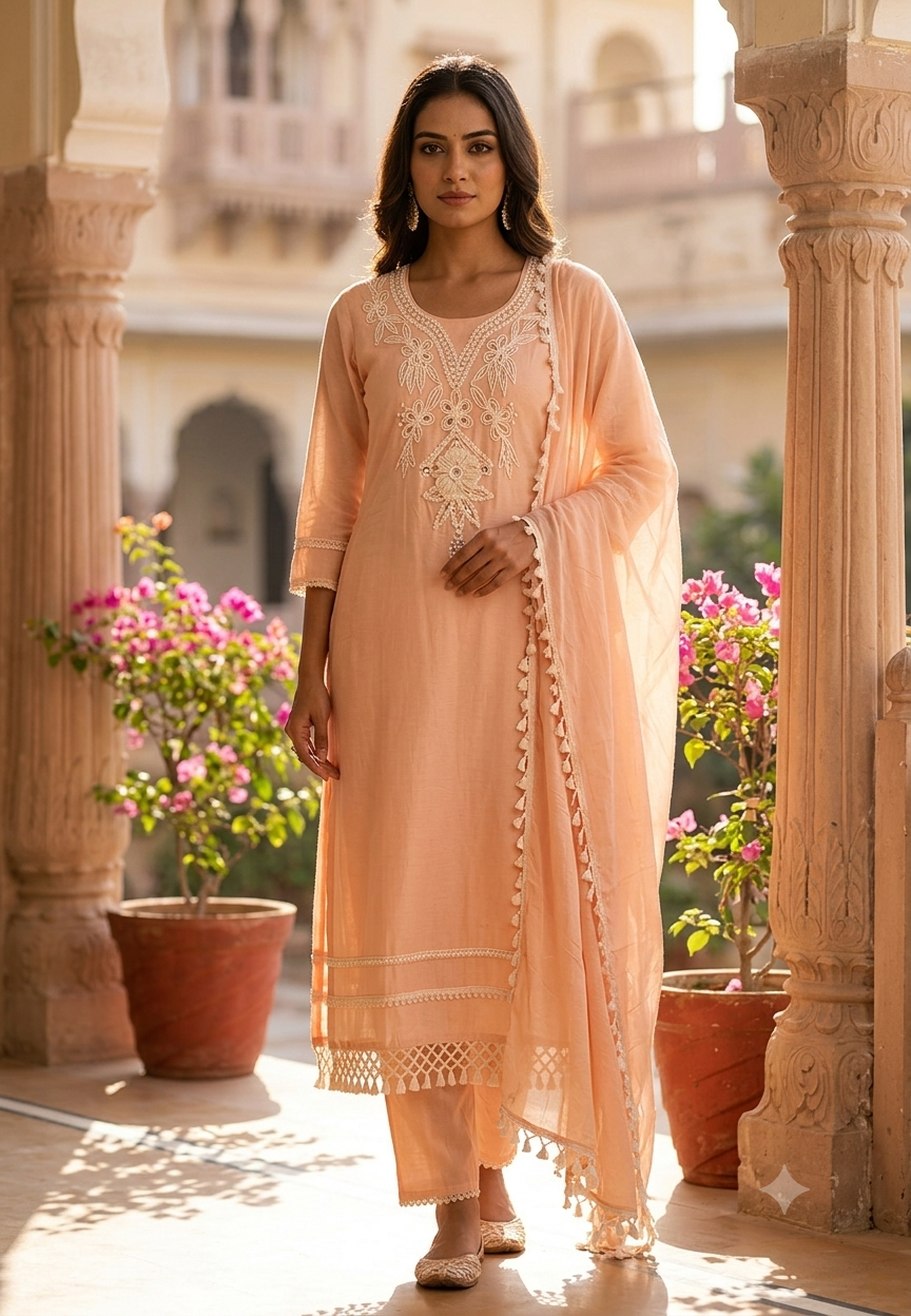 Crochet Dori Hand Embroidered With Real Mirror Touch Surat Mul-Chanderi Full Suit Set With Dupatta- 16424