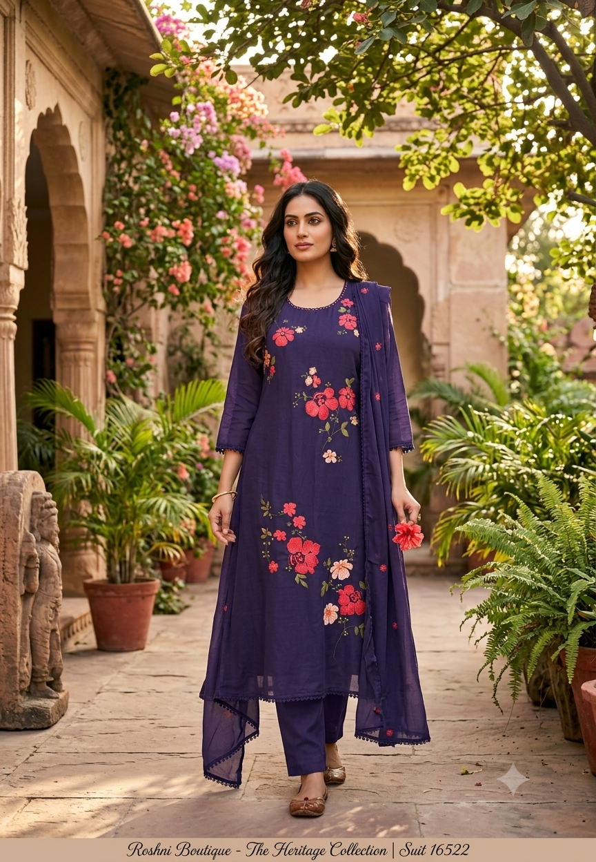 Pure Cotton Intricate Floral Embroidery Solid Shade A-Line Full Suit Set With Dupatta- 16519