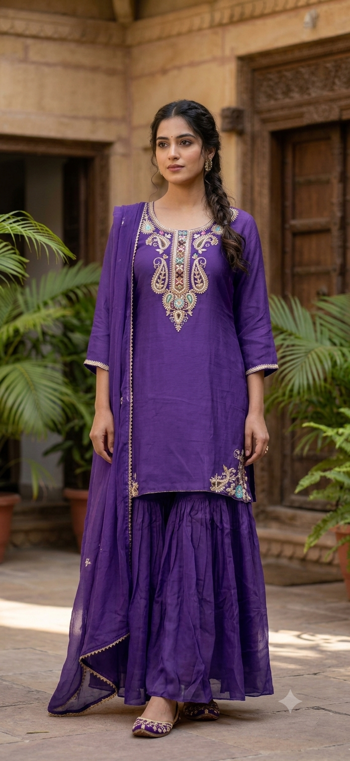 Zardozi Placket Structured Mango Buti Embroidery Work Full Suit Set With Dupatta & Sharara Bottom- 16525