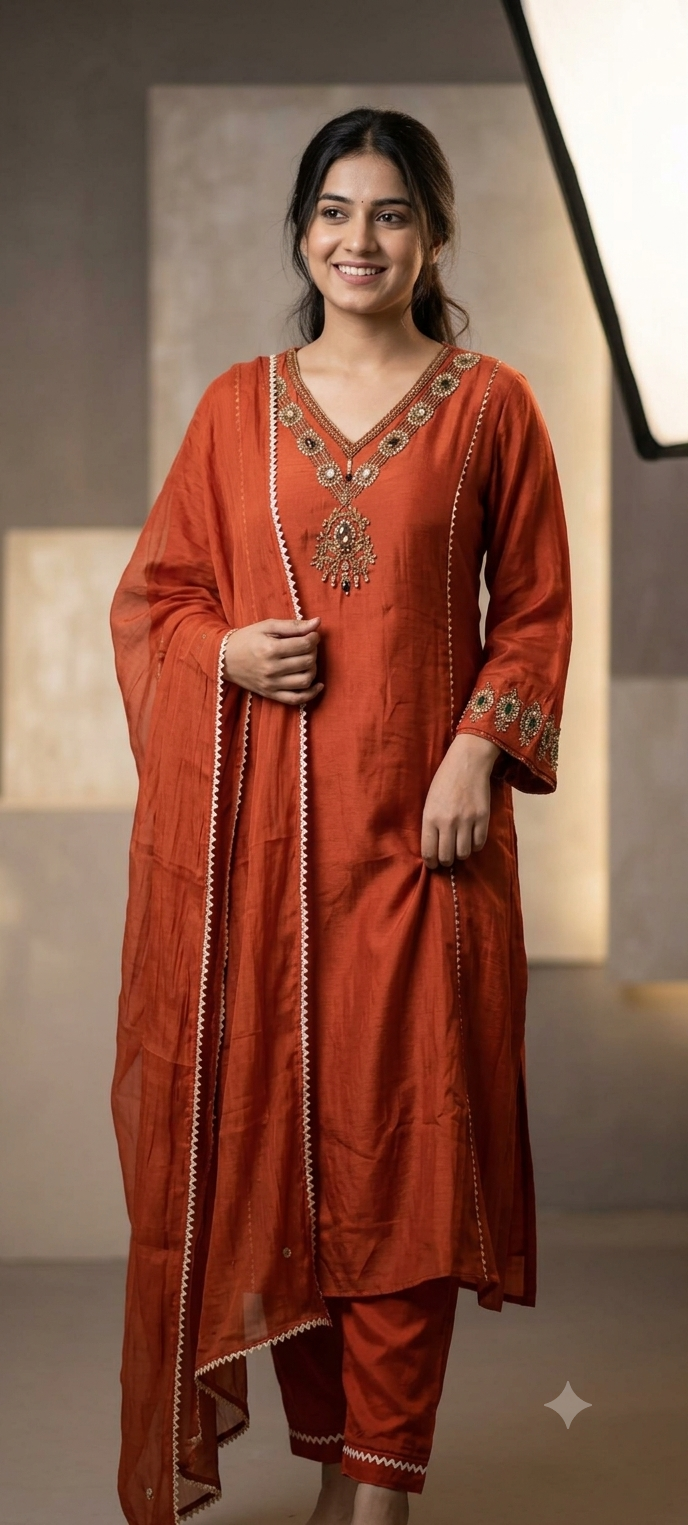 Jewel Blossom Stone Beaded Embroidered Work A-Line Lace Side Panel A-Line Full Suit Set With Dupatta- 16436