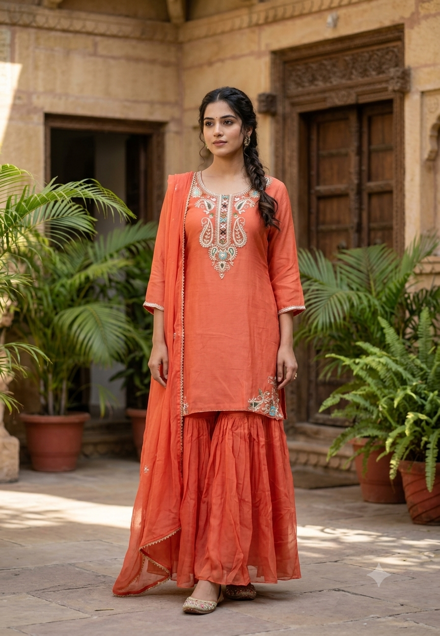 Zardozi Placket Structured Mango Buti Embroidery Work Full Suit Set With Dupatta & Sharara Bottom- 16525